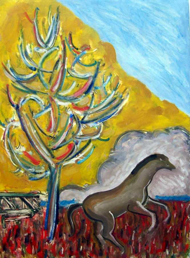 Charging Stallion with Burning Bush an acrylic painting on paper by Arthur Secunda