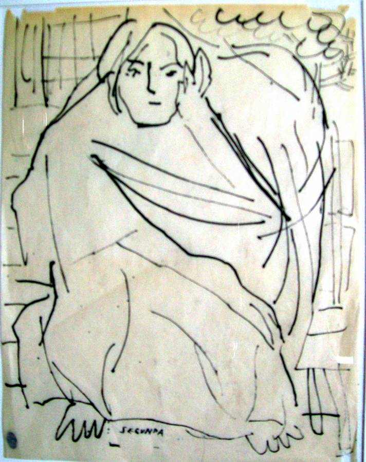 Senora con Reboza Basket an Indian ink drawing by Arthur Secunda